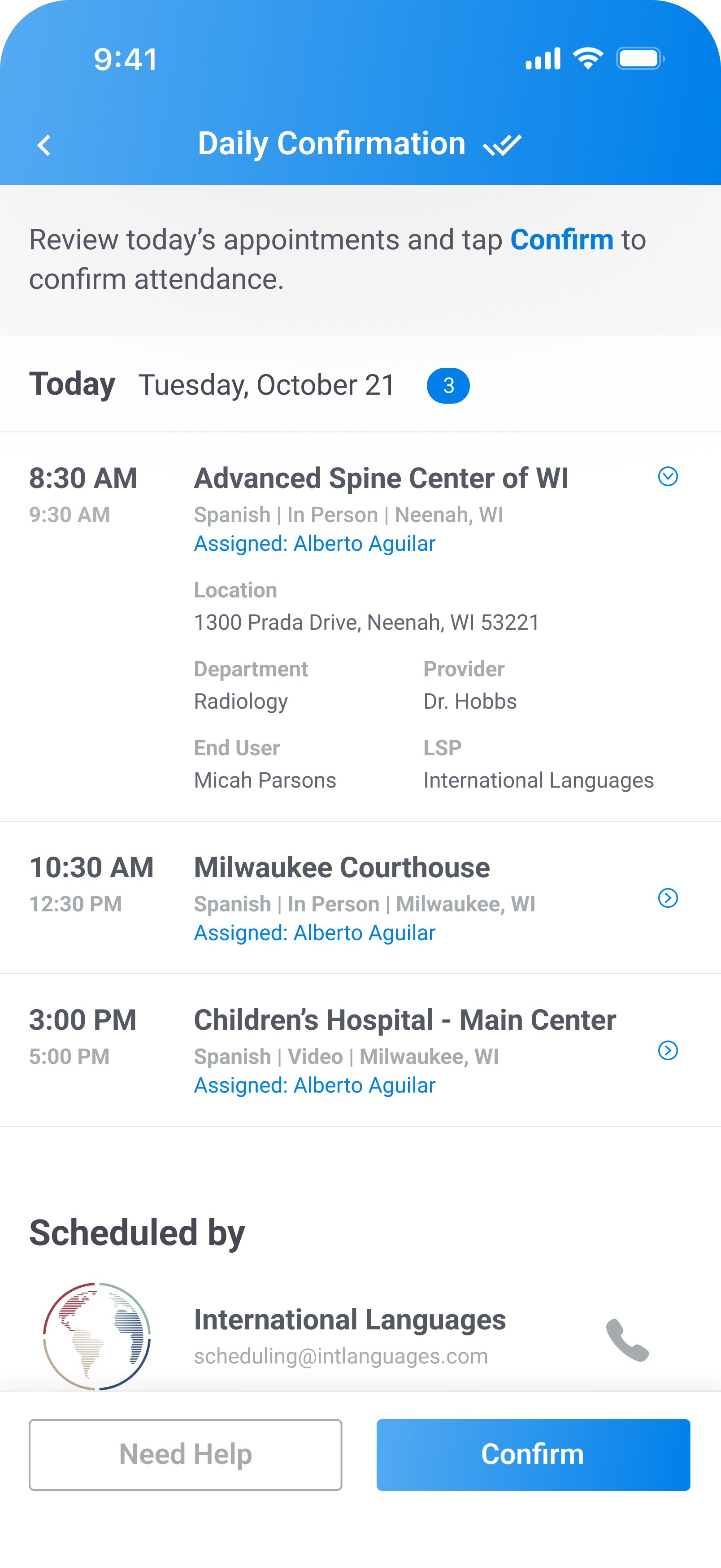 Review screen for verifying logged time and voucher details